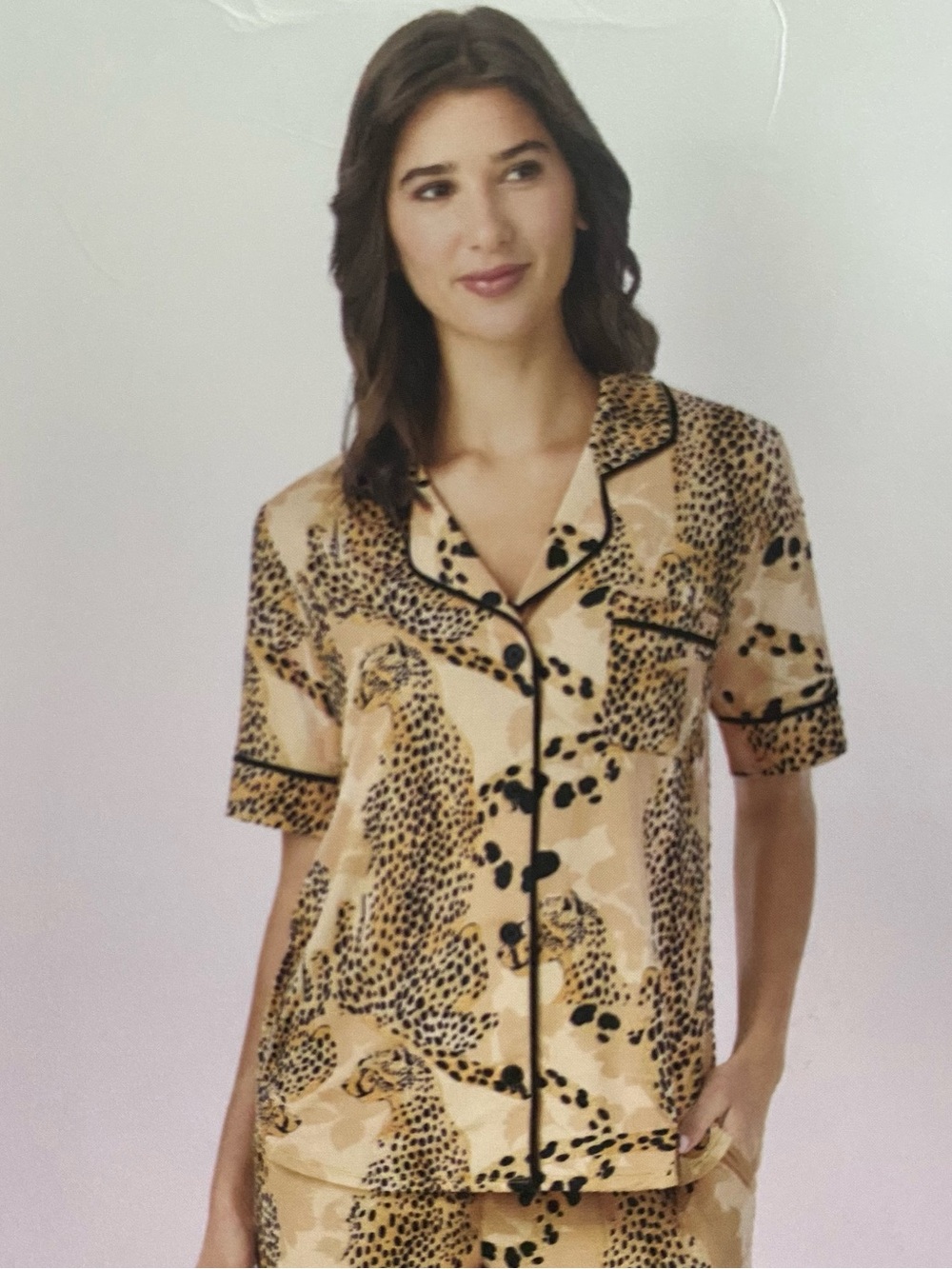 Room Service Women’s Leopard Print Short Sleeve Pajama Set - Beige